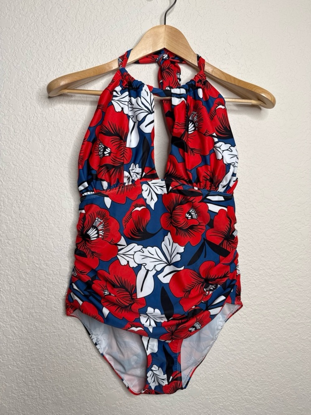 B2Prity Tropical Floral One Piece Ruched Swimsuit Halter Tie Red White Blue XL